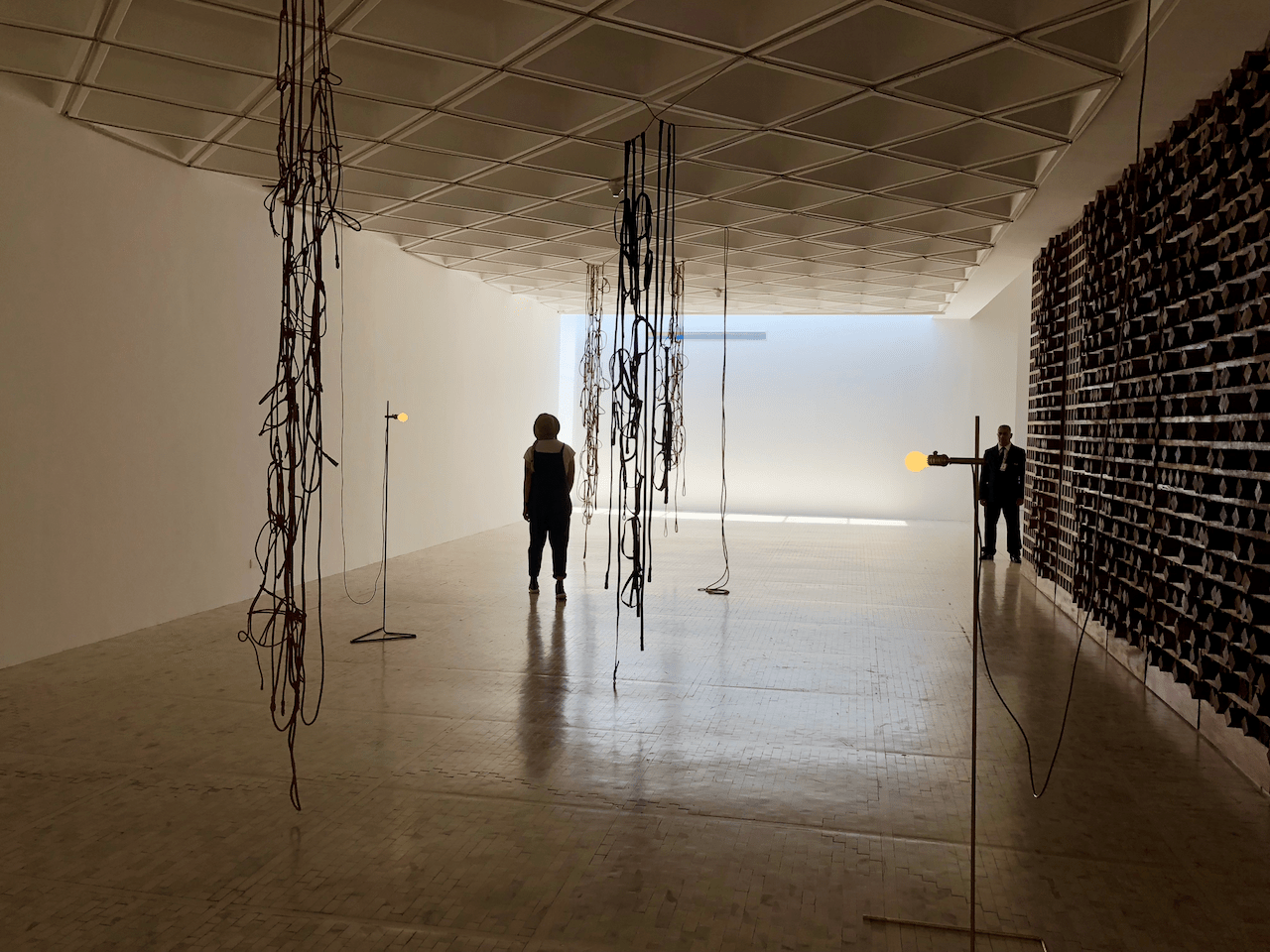 Person viewing an art installation with hanging cords in a minimalist gallery space